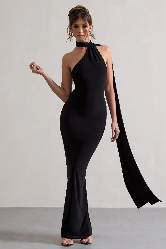 Maxi dresses for a romantic dinner party in a vineyard -Miss | Black One Shoulder Backless Maxi Dress With Scarf