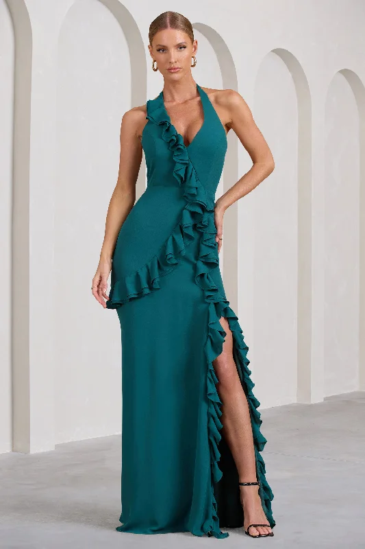 Maxi dresses with satin fabric for an elegant evening look -Morning | Bottle Green Ruffled Halter-Neck Split Maxi Dress