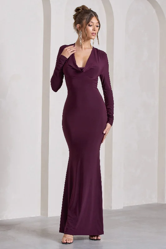 Maxi dresses for an intimate gathering at a countryside manor -My Attention | Plum Plunge Cowl-Neck Long-Sleeve Maxi Dress