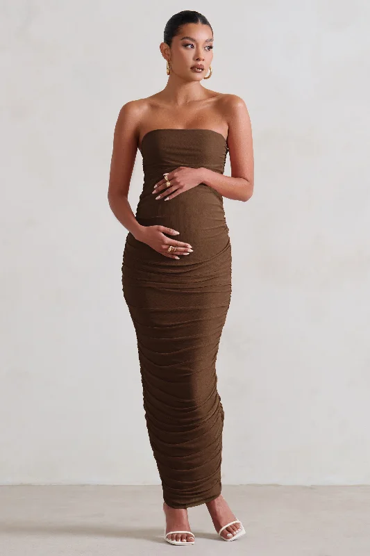 Maxi dresses for a glamorous event in a tropical setting -My Lady | Maternity Chocolate Brown Strapless Bodycon Ruched Mesh Maxi Dress