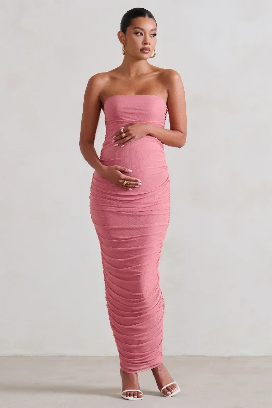 Maxi dresses for a chic outdoor party in the park -My Lady | Maternity Blush Pink Strapless Bodycon Ruched Mesh Maxi Dress