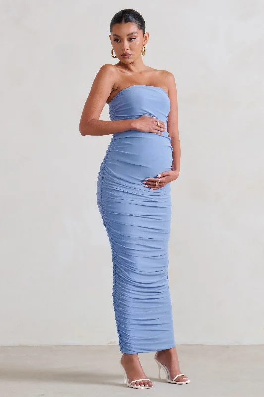 Maxi dresses for a romantic dinner date by the lake -My Lady | Maternity Powder Blue Strapless Bodycon Ruched Mesh Maxi Dress