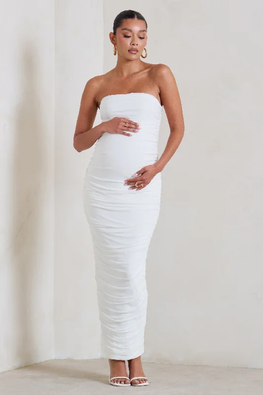 Maxi dresses for a tropical family celebration by the pool -My Lady | Maternity White Strapless Bodycon Ruched Mesh Maxi Dress