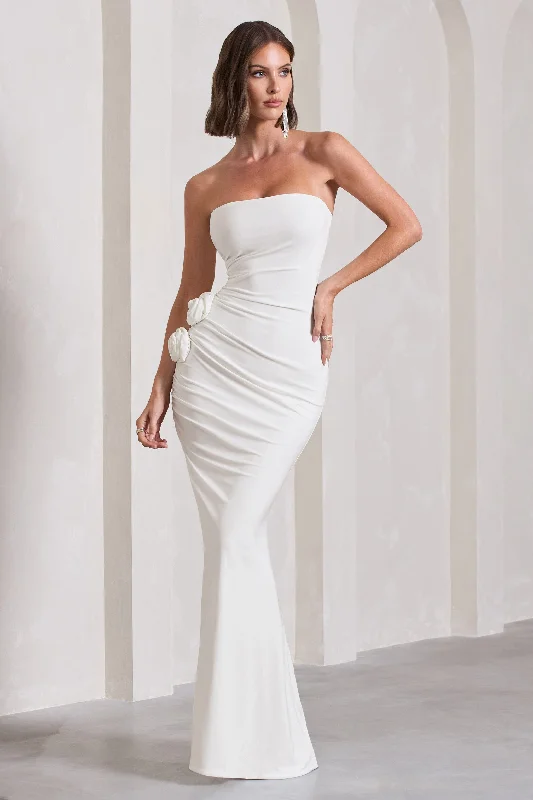 Maxi dresses for an intimate dinner celebration at a high-end venue -My Muse | White Ruched Bandeau Split Maxi Dress With Flowers