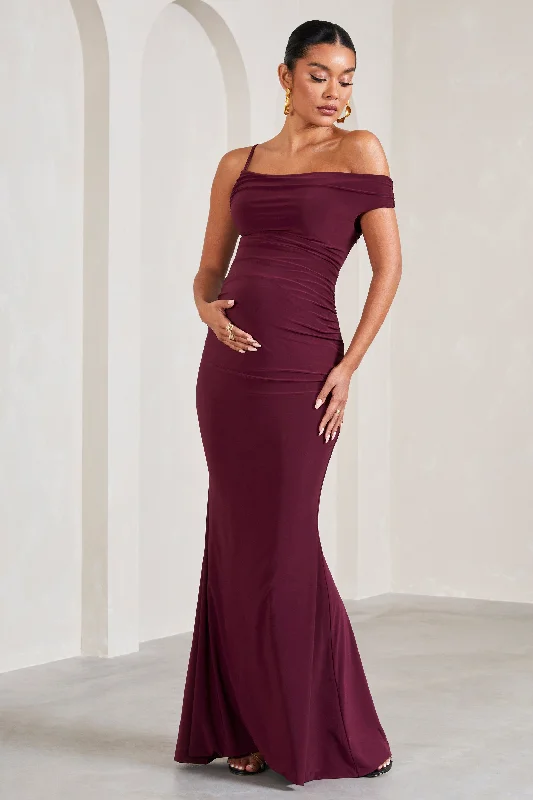 Maxi dresses for elegant evening events in the countryside -My Wish | Burgundy Strappy Asymmetric Maternity Maxi Dress