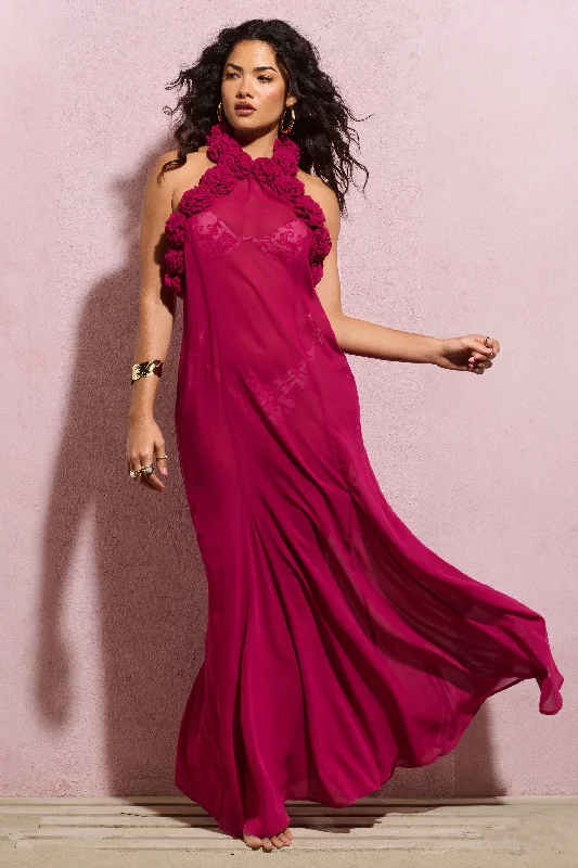 Maxi dresses for an upscale dinner in a luxury hotel -Naelya | Dark Pink Chiffon Halter-Neck Maxi Dress With Corsages