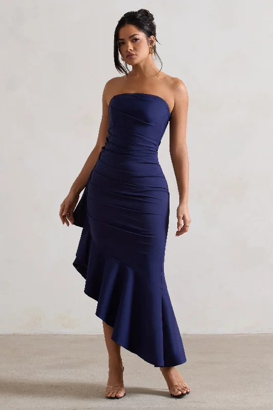 Maxi dresses for a formal family reunion dinner -New Age | Navy Strapless Asymmetric Ruffled Maxi Dress