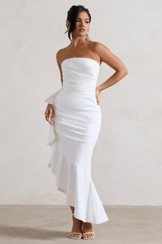 Maxi dresses for an elegant dinner at a five-star restaurant -New Age | White Strapless Asymmetric Ruffled Maxi Dress