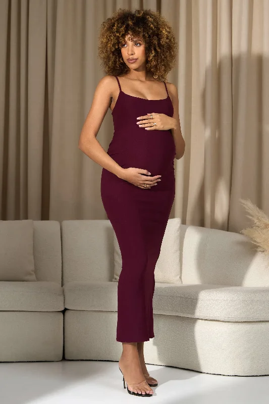 Maxi dresses for a luxurious dinner celebration at a high-end resort -Oakley | Burgundy Strappy Square-Neck Split Maternity Maxi Dress