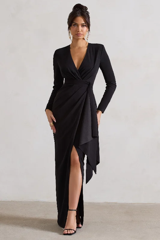 Maxi dresses with a dramatic train for high-end events -Odetta | Black Plunge-Neck Wrap Maxi Dress With Tie Waist