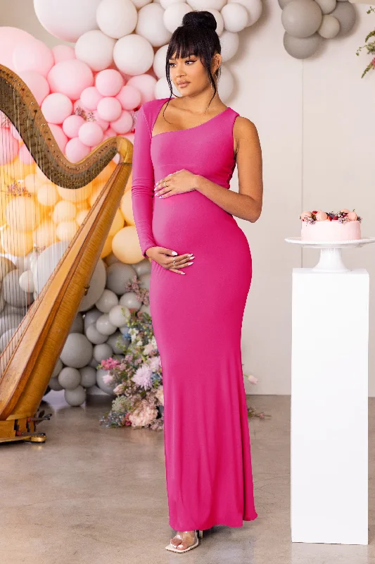 Maxi dresses for an intimate wedding reception in a vineyard -Oh Baby | Hot Pink Maternity One Shoulder Bodycon Maxi Dress