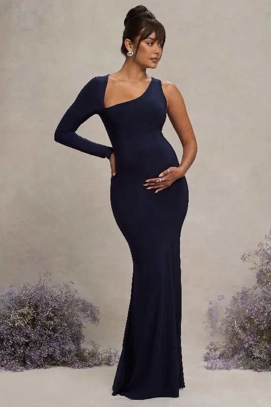 Maxi dresses with a soft and flowy silhouette for casual wear -Oh Baby | Navy Maternity One Shoulder Bodycon Maxi Dress