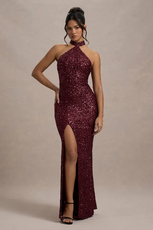 Maxi dresses for a formal celebration at a prestigious venue -On The Rise | Berry Sequin High-Neck Strappy-Back Split Maxi Dress