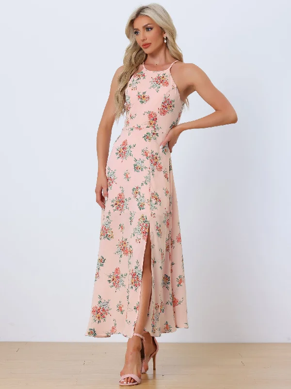 Maxi dresses with lace accents for an elegant touch -Sleeveless Floral Round Neck Slit Hem Summer Long Maxi Dress Sundress