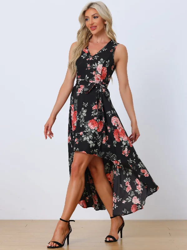 Maxi dresses for an elegant dinner at a five-star restaurant -V Neck Floral Print Belt Sleeveless High Low Hem Long Maxi Dress Sundress