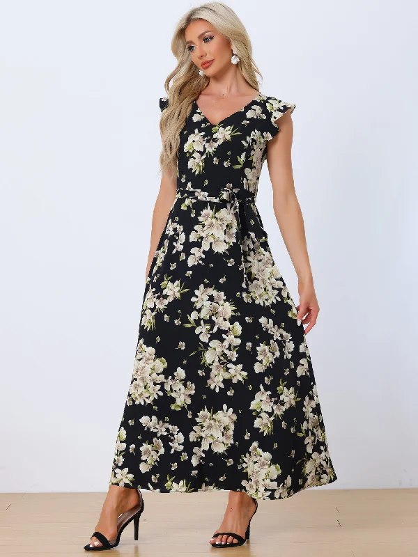 Maxi dresses with pleats for a sophisticated appearance -Floral V-Neck Ruffled Flare Sleeves Belted Vacation Maxi Dress Sundress