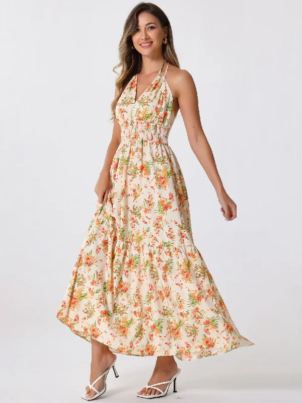 Maxi dresses for an elegant dinner gathering by the beach -Halter Neck Boho Sleeveless Elastic Waist Backless Floral Sundress Maxi Dress