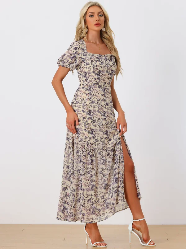 Maxi dresses for a glamorous evening under the stars in the city -Floral Puff Sleeves Square Neck Ruffle Slit Maxi Dress