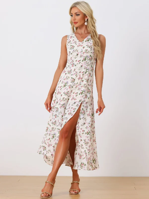 Maxi dresses for a luxurious destination wedding by the sea -Floral Print Summer High Low Side Slit Sleeveless Maxi Dress