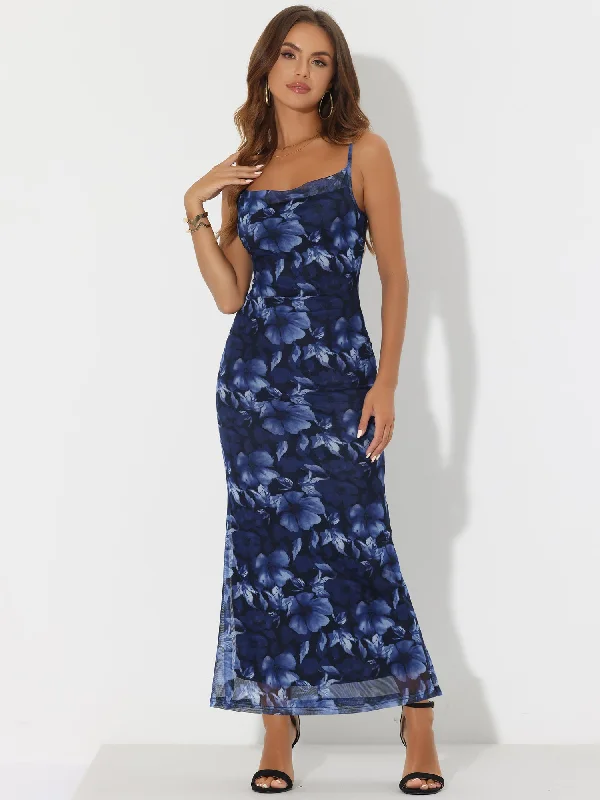 Maxi dresses with a deep back design for a bold look -Spaghetti Strap Mesh Floral Sleeveless Bodycon Cocktail Maxi Dress Sundress