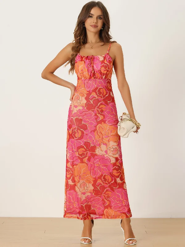 Maxi dresses for intimate family dinners by the poolside -Bold Floral Sleeveless Spaghetti Strap Maxi Dress Sundress