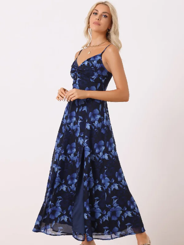 Maxi dresses with deep neckline designs for Spaghetti Strap Floral Smock Slit Elegant Maxi Dress Sundress