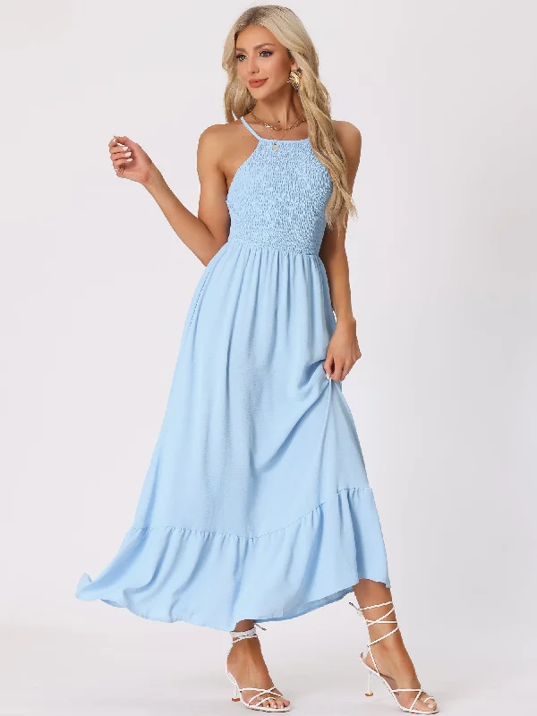 Maxi dresses with a deep neckline for an elegant look -Smocked Backless Sleeveless Solid Lace-Up Summer Maxi Dress Sundress