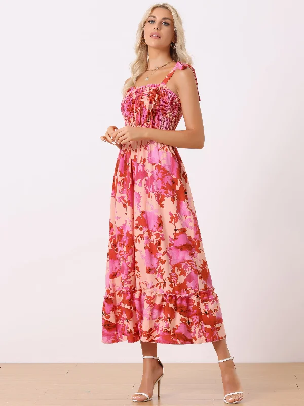 Maxi dresses with a velvet fabric for an elegant winter look -Tie Straps Sleeveless Smocked Square Neck Floral Maxi Dress Sundress