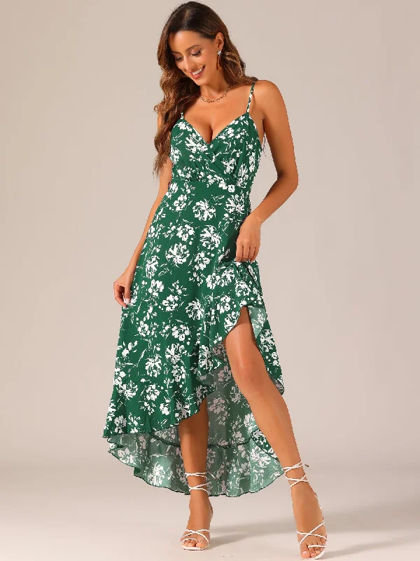 Maxi dresses with intricate beadwork for a glamorous look -Spaghetti Strap Belted Ruffle High Low Hem Sleeveless Floral Maxi Dress