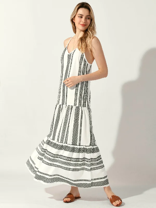 Maxi dresses for a formal family reunion dinner -Spaghetti Strap Sleeveless Boho Printed Maxi Tiered Dress