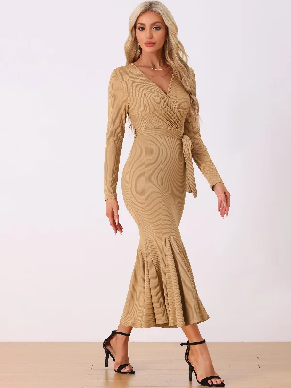 Maxi dresses for an intimate family celebration at the vineyard -Solid Belted Long Sleeves Bodycon Fishtail Mermaid Maxi Dress