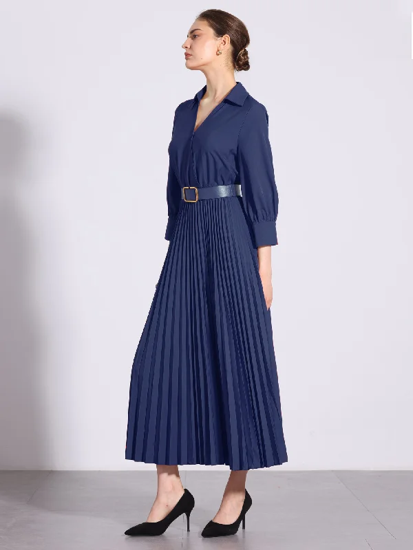 Maxi dresses with a flowing skirt for comfort and style -Collar V Neck Belted Dressy Casual Pleated Maxi Dress