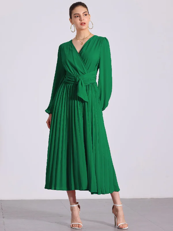 Maxi dresses with sheer panels for an elegant touch -Pleated V Neck Puff Sleeve Tie Waist A-Line Maxi Dress