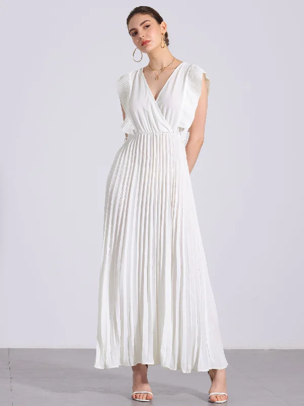 Maxi dresses for an upscale family gathering in the garden -V Neck Short Sleeves Lace-Up Belted Pleated Maxi Dress