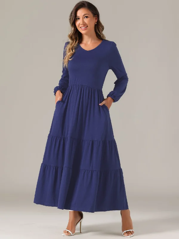 Maxi dresses with delicate lace detailing for vintage vibes -Crew Neck Long Sleeve Pockets Tiered A-Line Maxi Dress