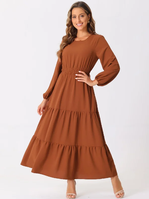 Maxi dresses with delicate lace for a soft, feminine touch -Long Sleeve Crew Neck Pocketed Tiered Maxi Dress