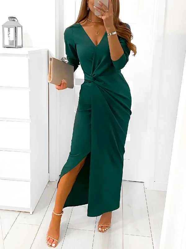 Maxi dresses for a destination honeymoon by the beach -V Neck Long Sleeves Ruched Slit Bodycon Maxi Dress