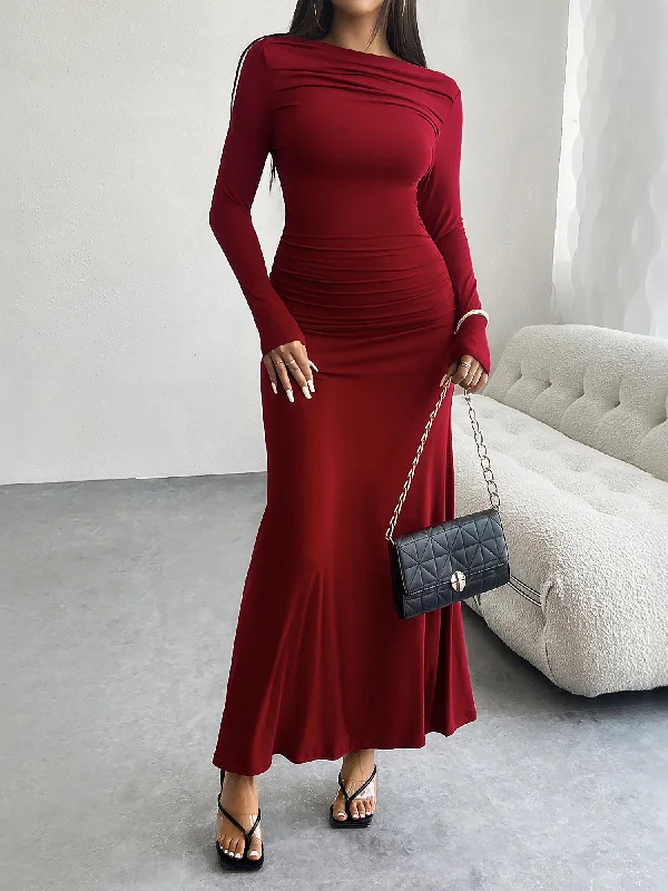 Maxi dresses for a chic evening celebration at a vineyard -Solid Color Ruched Bodycon Fishtail Maxi Dress