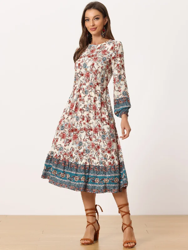 Maxi dresses for a sophisticated evening gathering at a vineyard -Boho Floral Elastic Waist Crew Neck Long Sleeve Maxi Dress