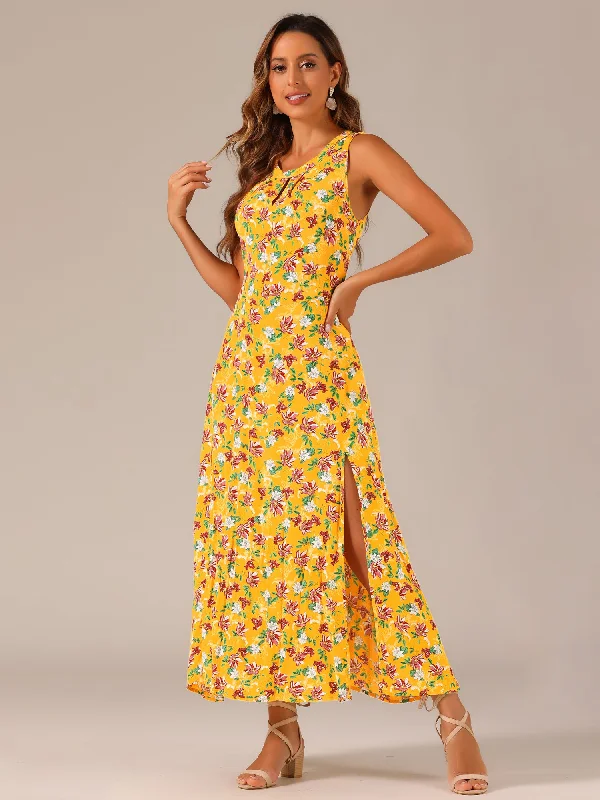 Maxi dresses for an outdoor celebration at a country estate -Split Hem Keyhole Flowy Summer Maxi Sleeveless Floral Dress Sundress