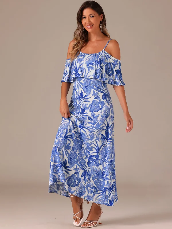 Maxi dresses for a glamorous poolside celebration in the summer -Flare Sleeve Cold Shoulder Tropical Plant Print Vacation Maxi Dress