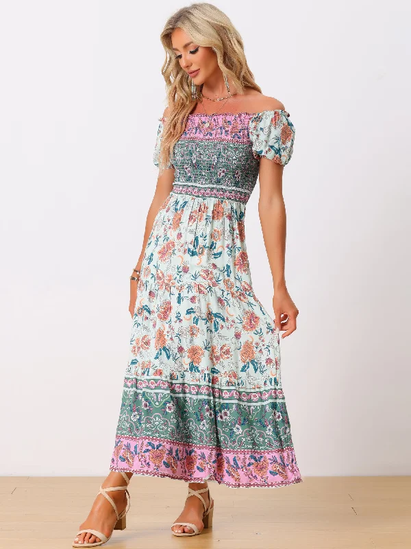 Maxi dresses with detailed embroidery for a vintage feel -Boho Floral Off Shoulder Puff Sleeves Maxi Smocked Dress