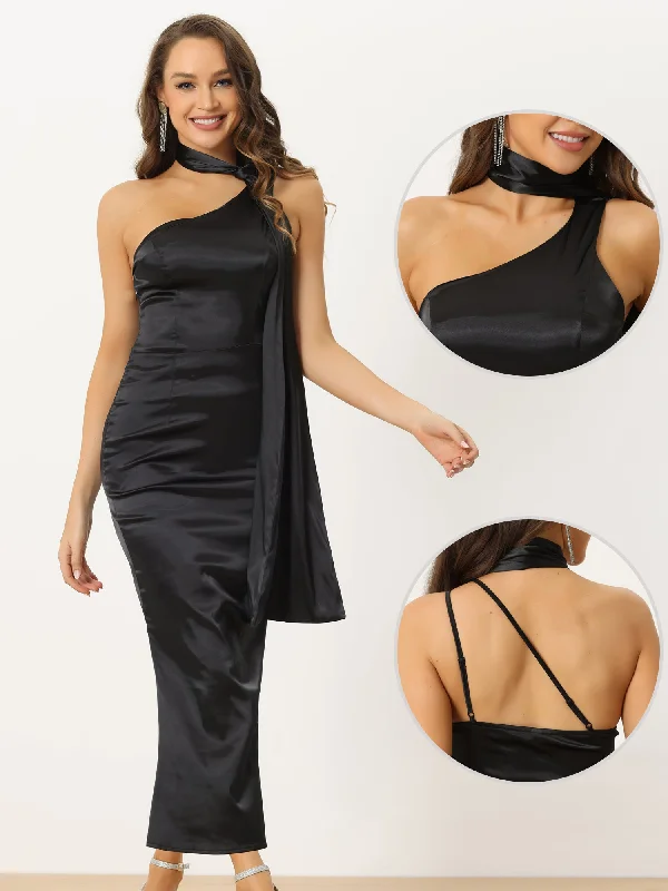 Maxi dresses for a luxurious cruise dinner event -Satin One Shoulder Backless Bridesmaid Cocktail Party Maxi Dress