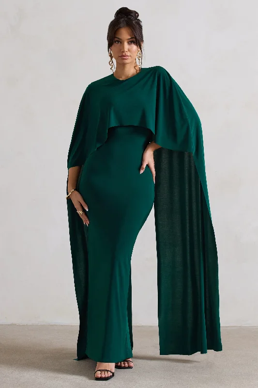 Maxi dresses for a stylish cocktail event in the city -Padma | Bottle Green Draped Maxi Dress With Cape Sleeves