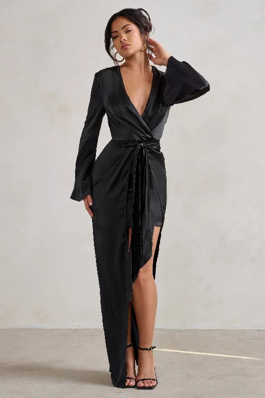 Maxi dresses with a flowy silhouette for casual wear -Patricia | Black Extreme Plunge Long Sleeve Maxi Dress With Tie Detail