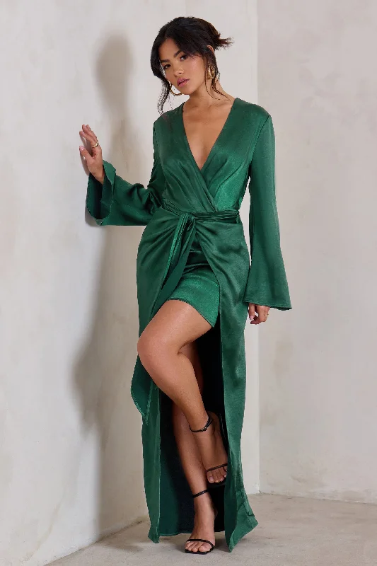 Maxi dresses for an upscale garden wedding with family -Patricia | Green Extreme Plunge Long Sleeve Maxi Dress With Tie Detail