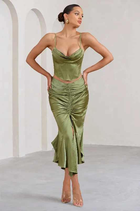 Maxi dresses for a sophisticated celebration at an exclusive venue -Per Favore | Olive Satin Ruched Split Maxi Skirt