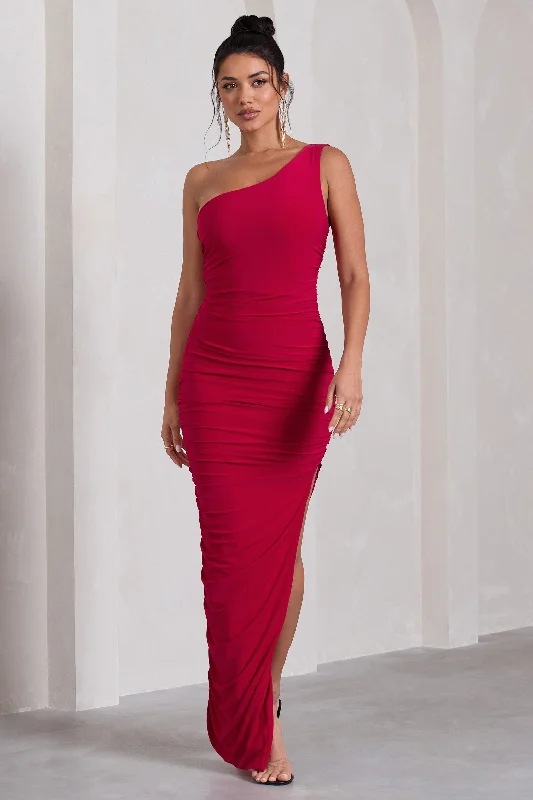 Maxi dresses for a romantic evening out in a stylish restaurant -Persia | Red One Shoulder Side Split Ruched Maxi Dress