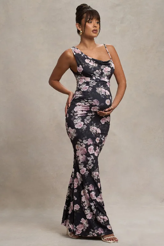 Maxi dresses for a chic destination wedding by the sea -Phantasy | Black Floral Maternity Cowl Neck Maxi Dress