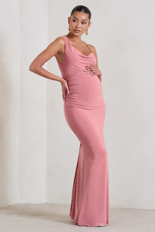 Maxi dresses for a destination wedding celebration at a resort -Phantasy | Blush Pink Maternity Cowl Neck Maxi Dress